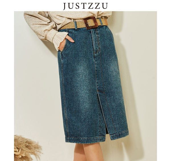JUSTZZU Designer Women Denim Skirt