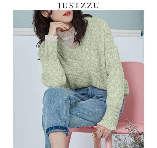 JUSTZZU  Pure Color Knitted Sweater