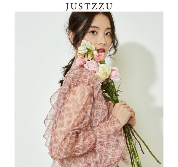 JUSTZZU Plaid Women Lace Blouse