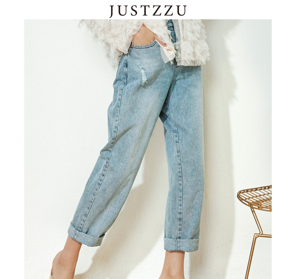JUSTZZU  Denim Jeans  Loose Street Style